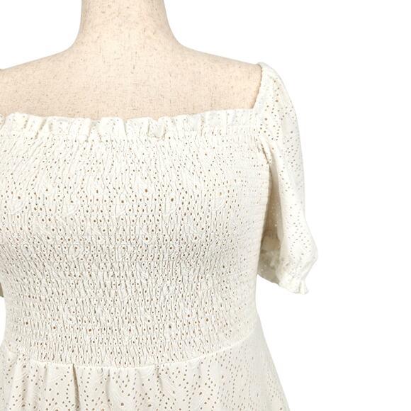 Michael Kors Women White Eyelet Jersey Smocked Summer Peasant Dress Size XL - Picture 2 of 6